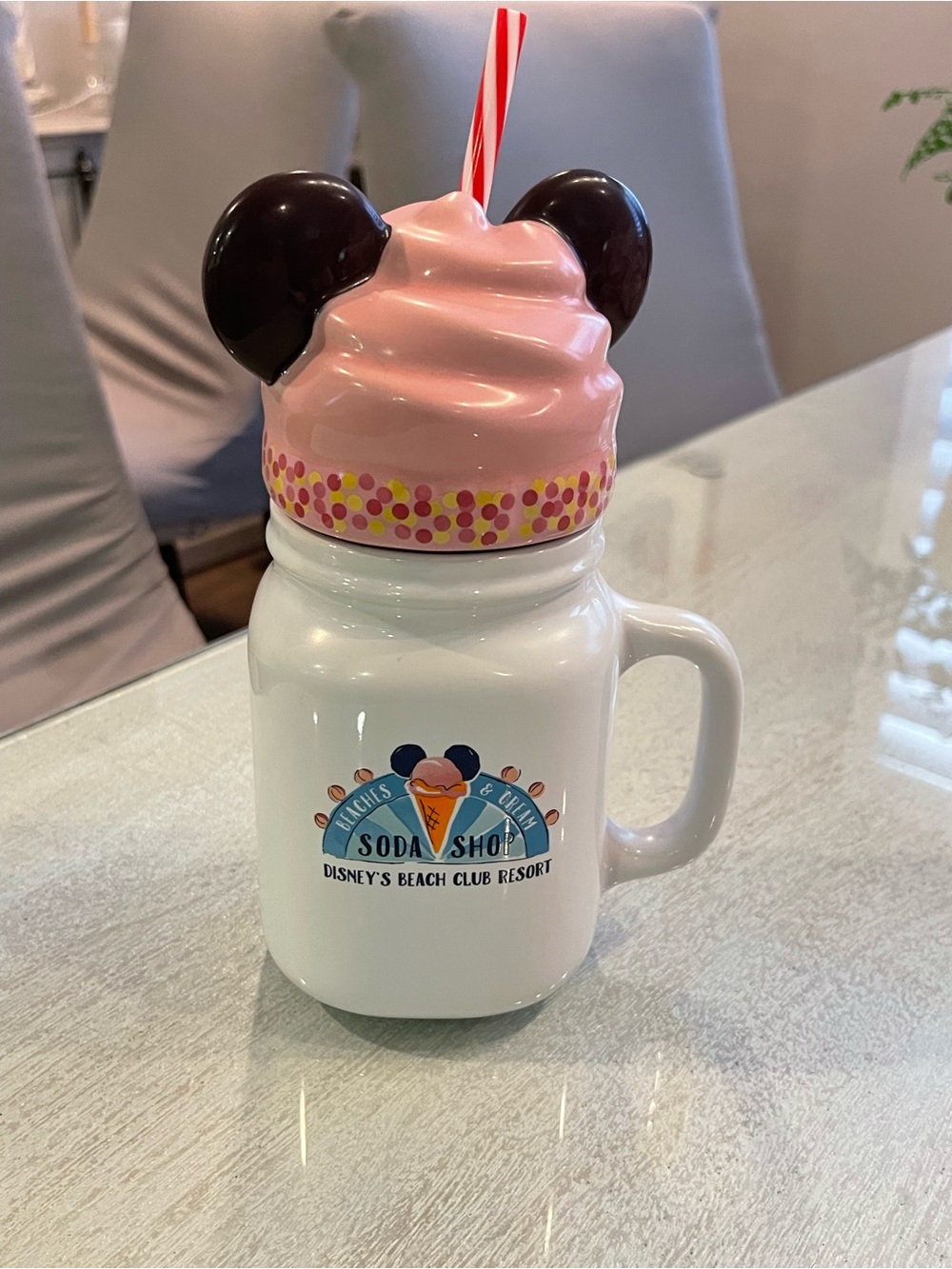 Disney Beach Club Resort Pink Ice Cream Mickey Ear Mug with Straw